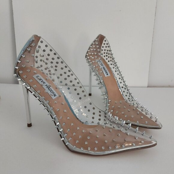 Steve Madden Clear Spike Stilettos 8 Metallic Silver Heels Glam Edgy Studded - Picture 3 of 12